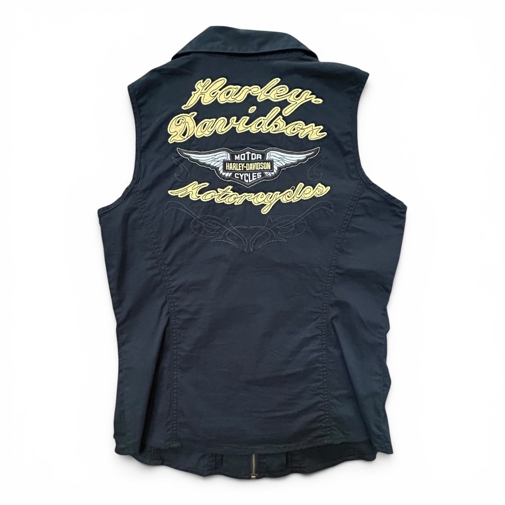 Harley-Davidson Y2K Woman's Black Embroidered Zip Front Biker Vest Large Grunge